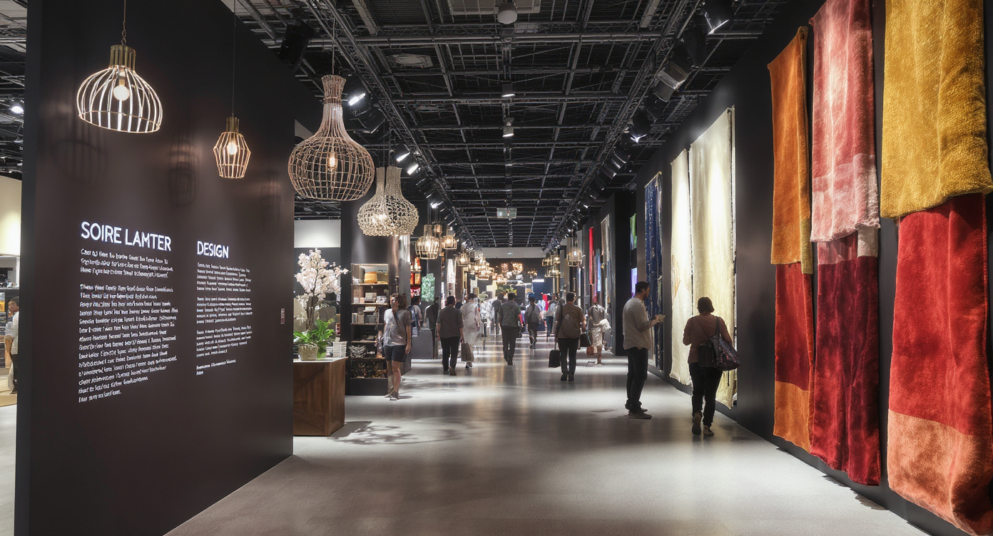 Visitors exploring a vibrant design show walkway filled with innovative installations and engaging design elements.