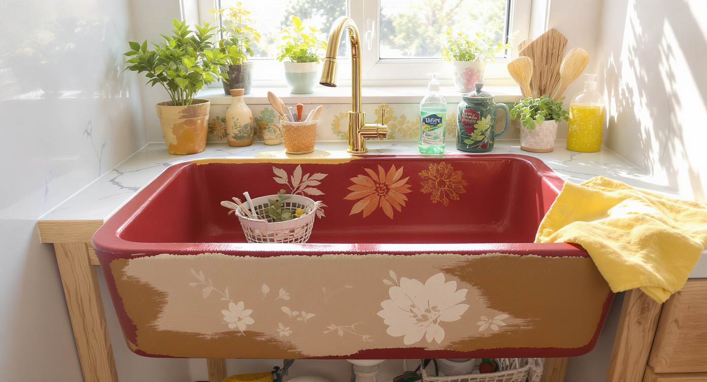 A brightly colored utility sink with creative decals, showcasing a fun and innovative design.