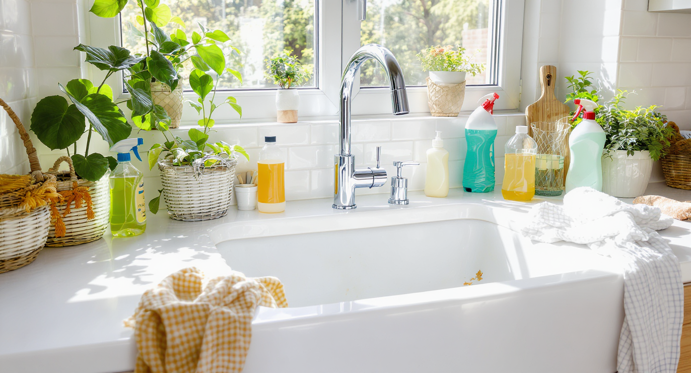 A modern utility sink area with plants and cleaning supplies, featuring a clean, practical design.