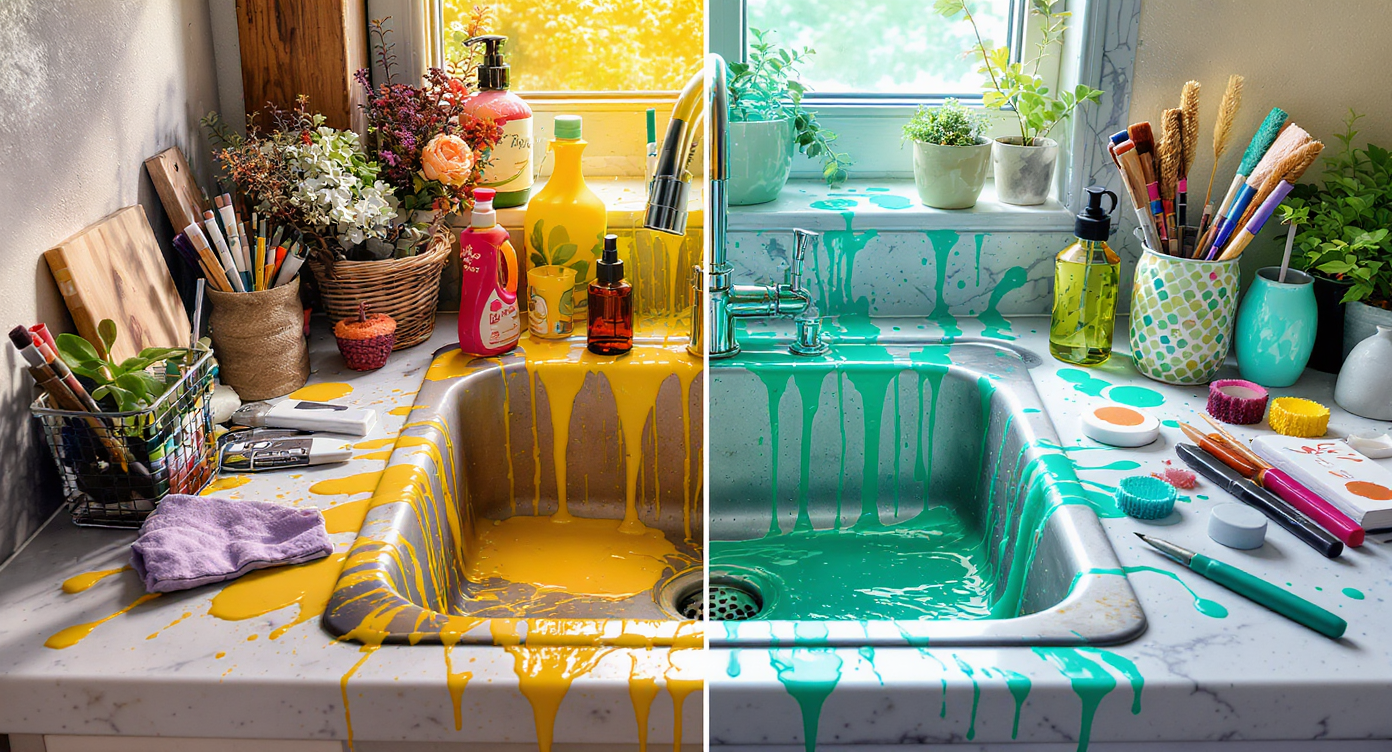 A transformed utility sink area, creatively adorned with plants and artistic tools, exemplifying renewal.