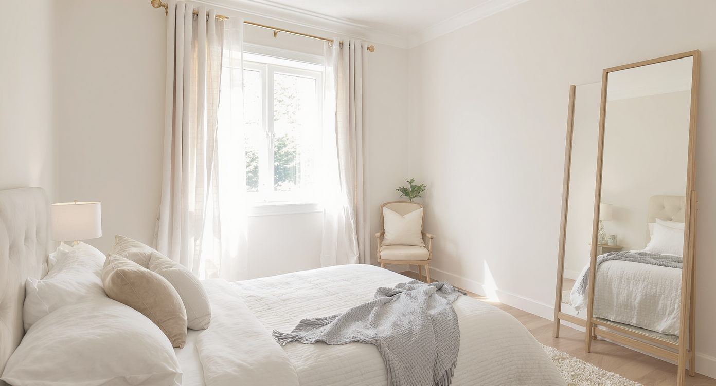 A small bedroom designed in light colors with modern decor and natural light, appearing spacious and inviting.