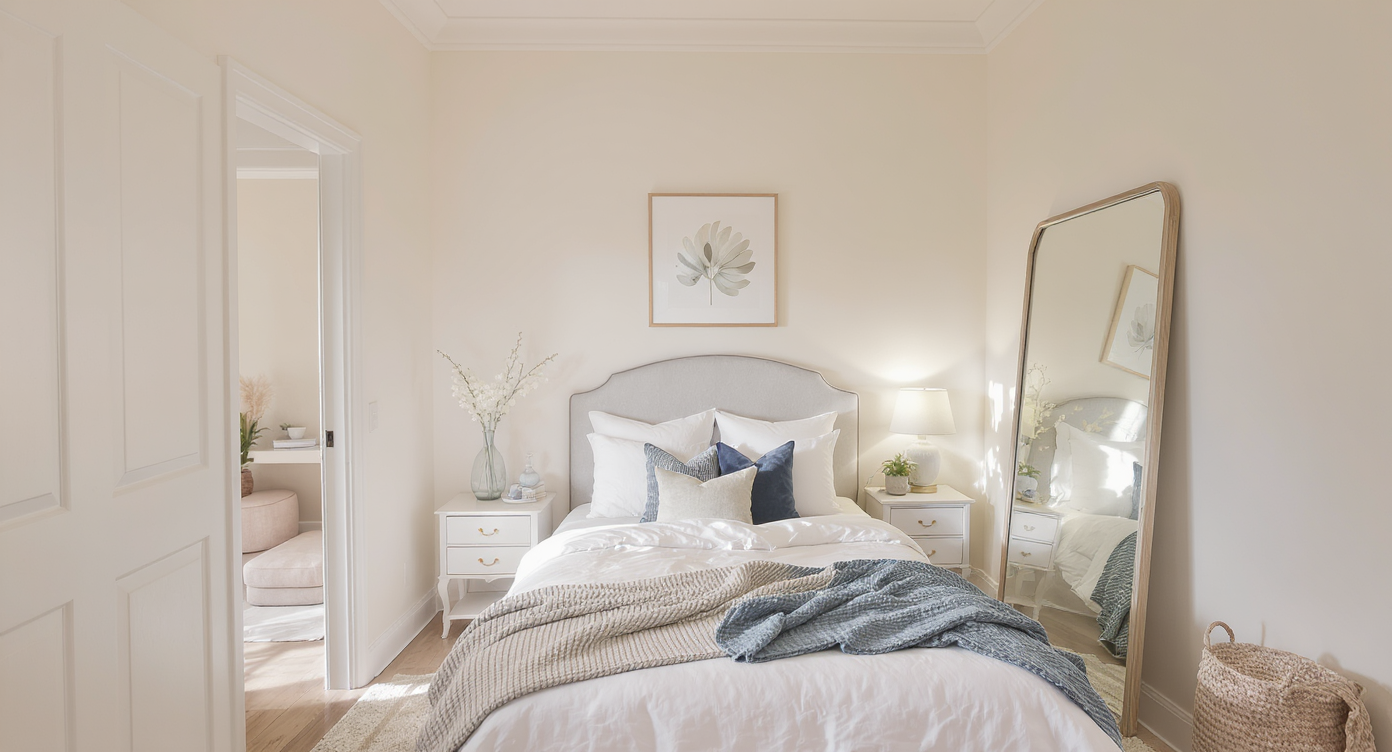A small bedroom with light colored walls, minimalist design, and a mirror reflecting the space.