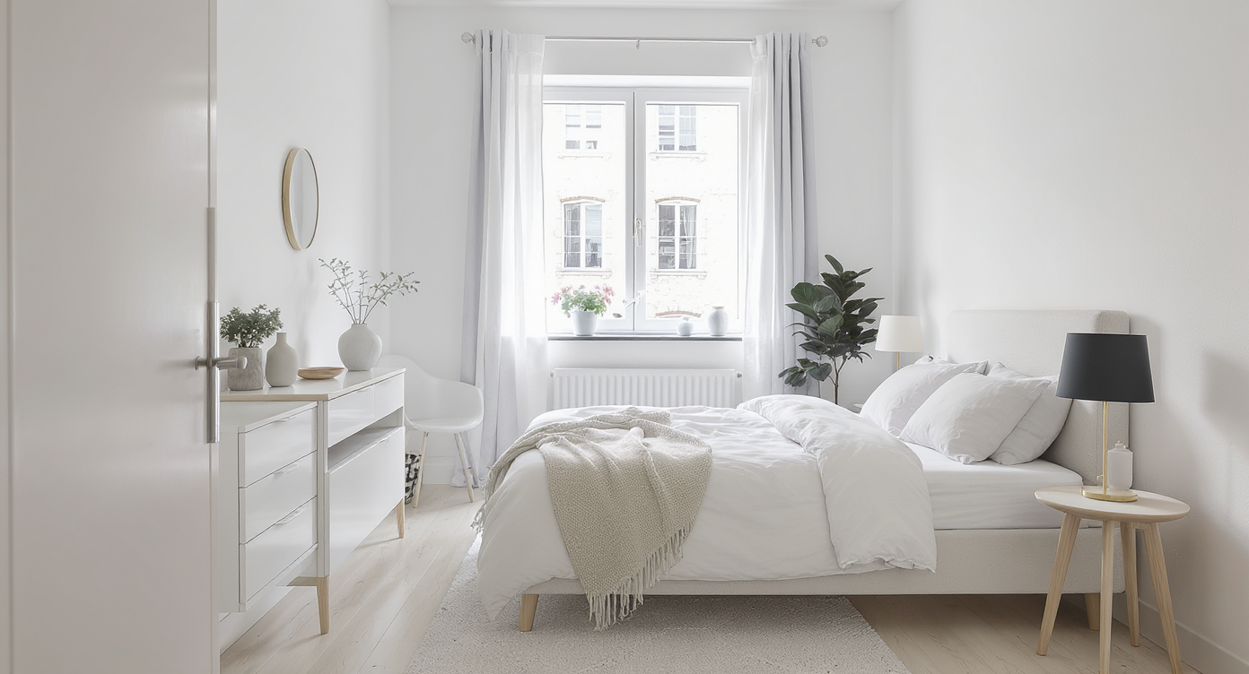 A clean and minimalist small bedroom with decluttered surfaces and ample natural light.
