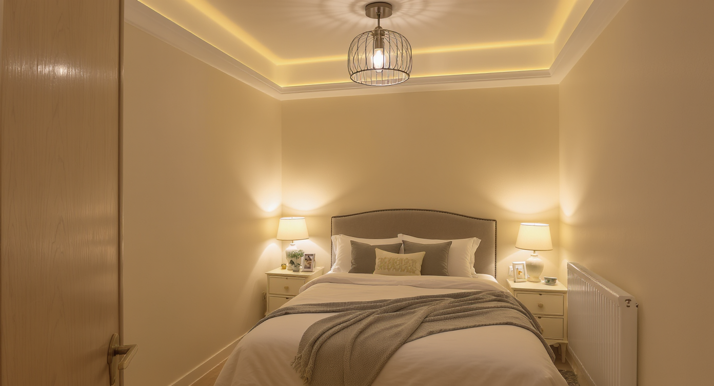 A small bedroom with multiple light sources creating a warm and spacious atmosphere.