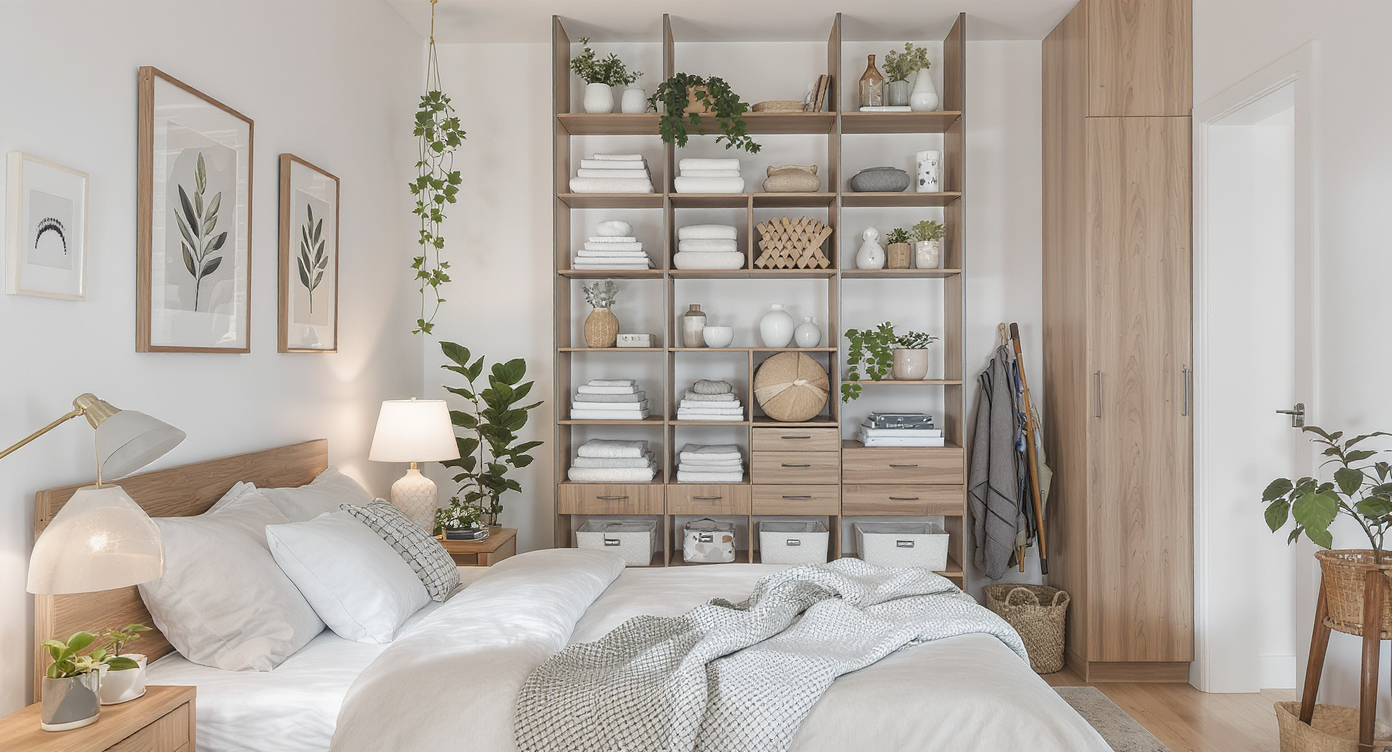 A small bedroom showcasing tall shelves and vertical storage to maximize space.