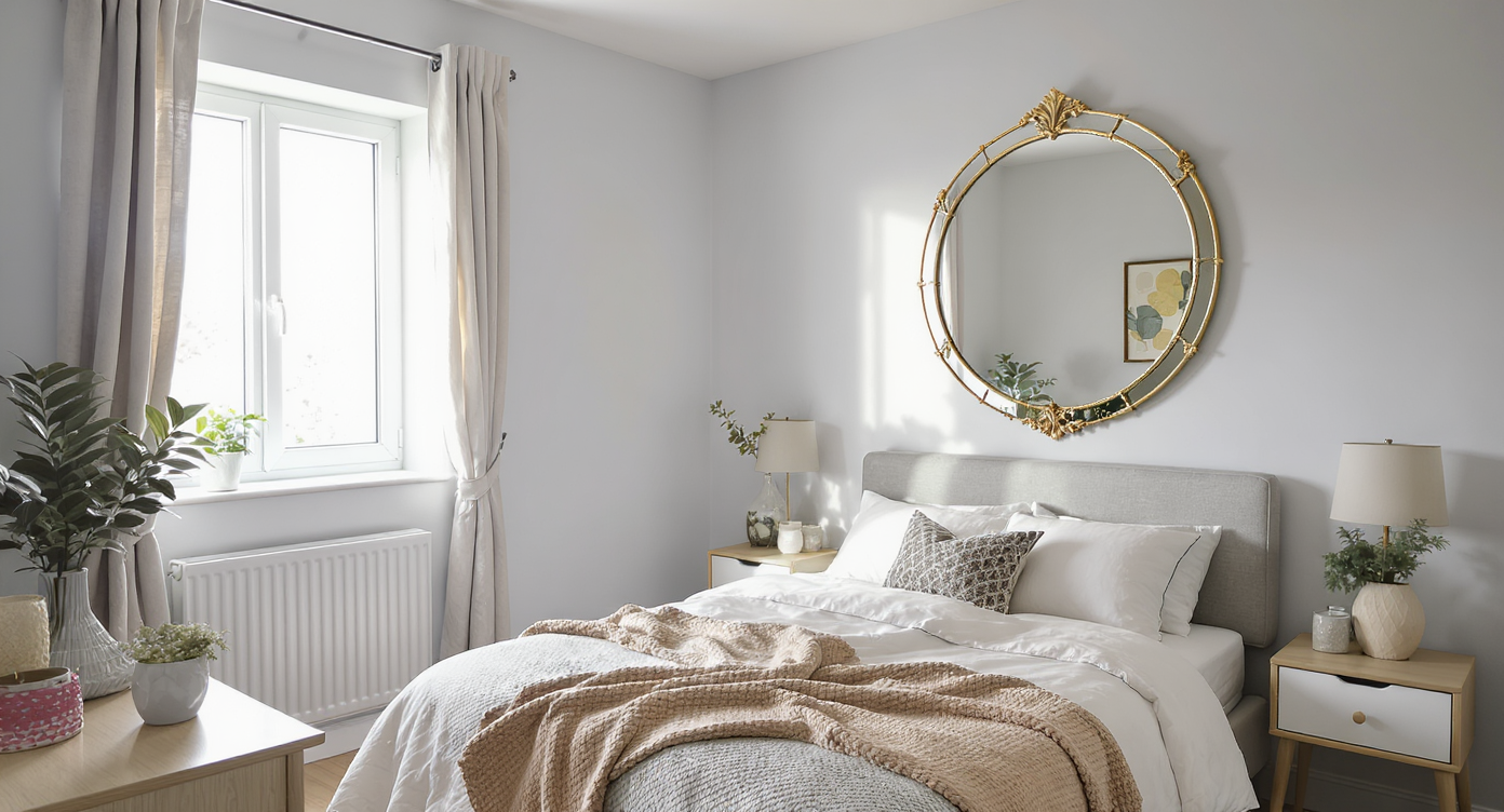A small bedroom featuring a large mirror that reflects light, creating an illusion of more space.