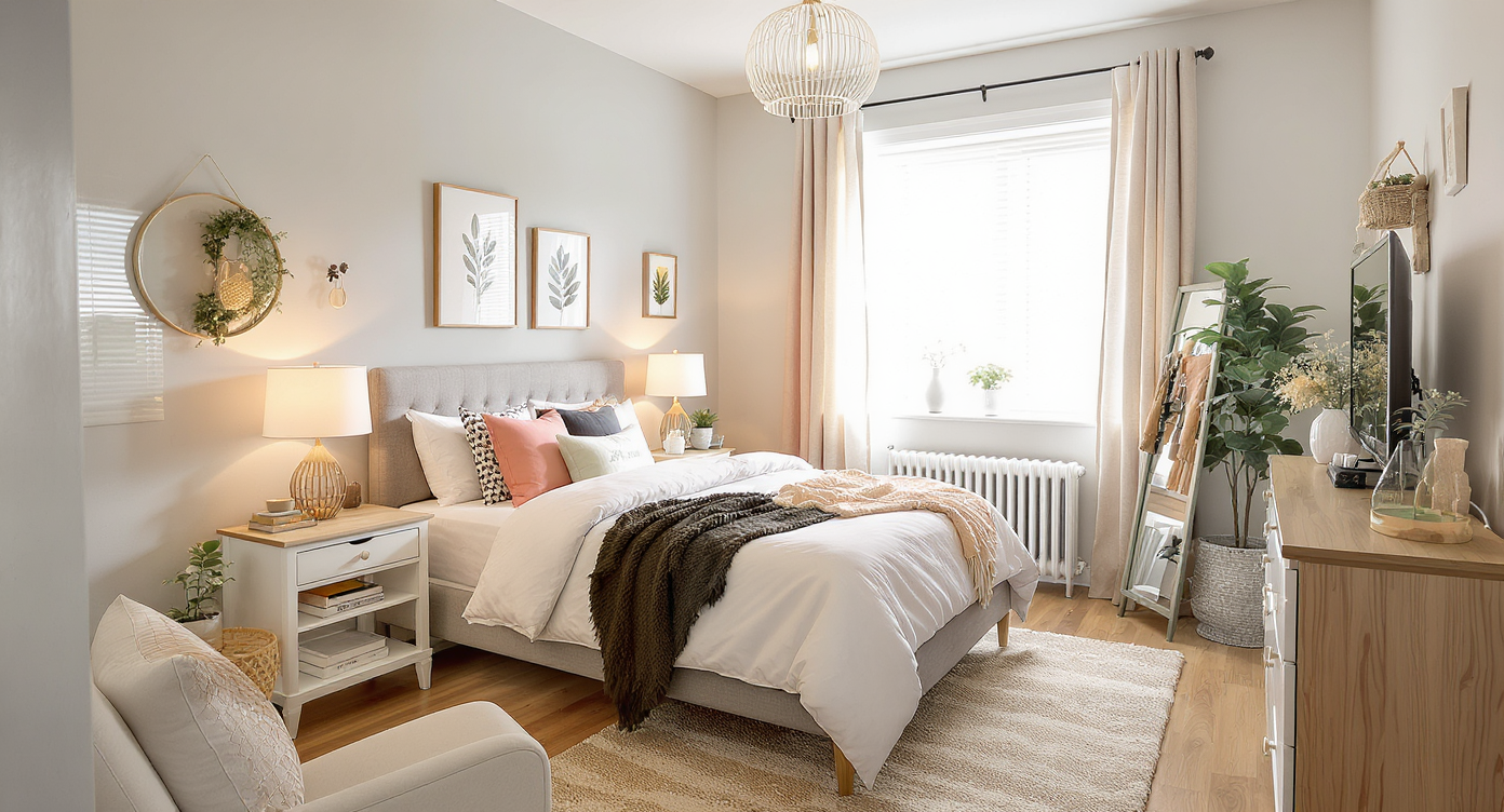 A small bedroom with furniture arranged smartly away from the walls to create more space.
