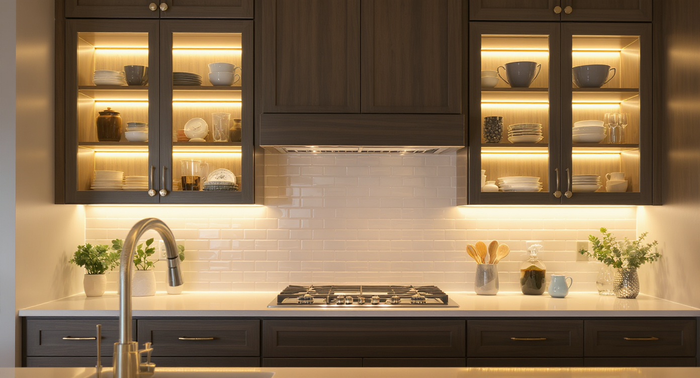 Modern kitchen with backlit cabinets, creating a warm, inviting glow around kitchen essentials.