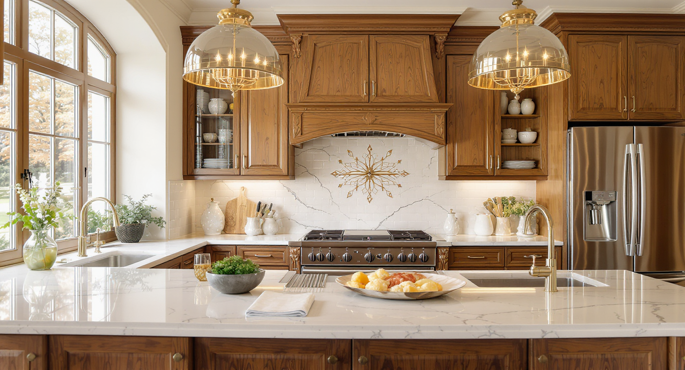 An elegant kitchen design with modern appliances and warm wood accents in a bright, airy space.