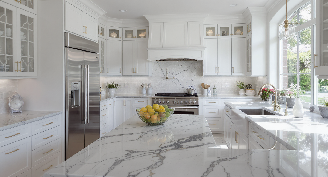 A luxurious modern kitchen with white cabinetry, marble countertops, and large windows allowing natural light.