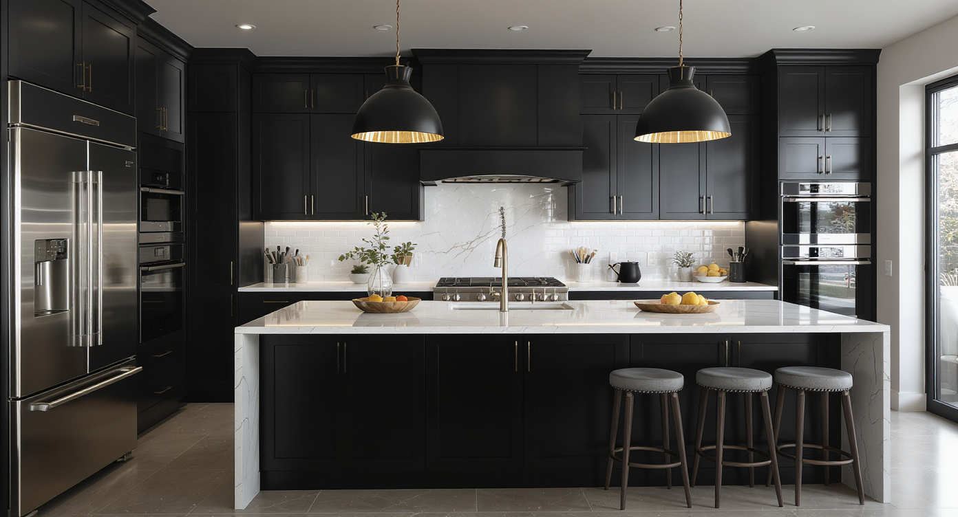 Dramatic kitchen with dark cabinetry and light countertops, showcasing sophisticated contrast.