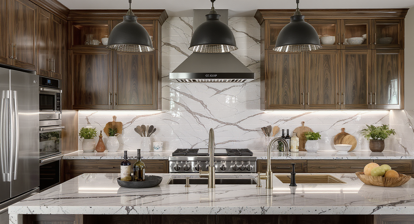 Elegant kitchen with a mix of stone, wood, and metal materials creating a visually appealing space.