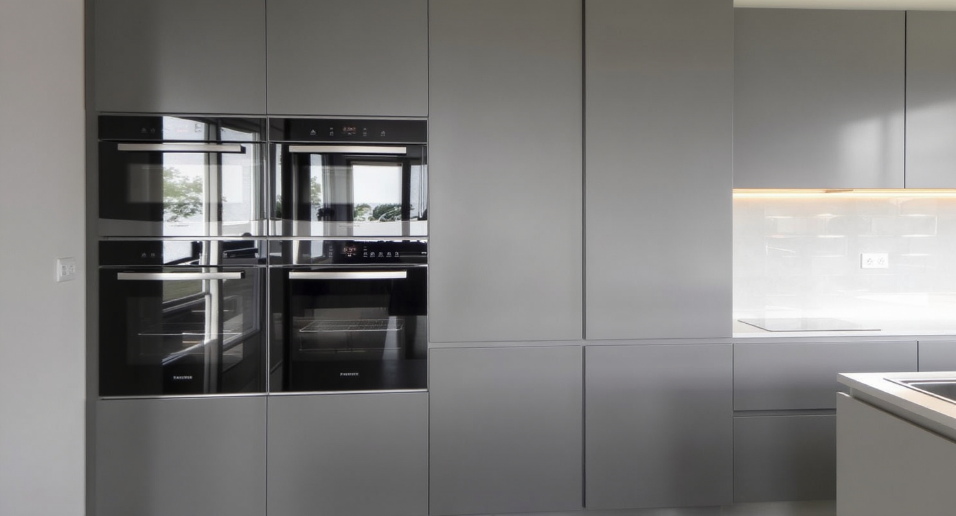 Sleek kitchen with built-in paneled appliances, creating a streamlined, minimalist appearance.