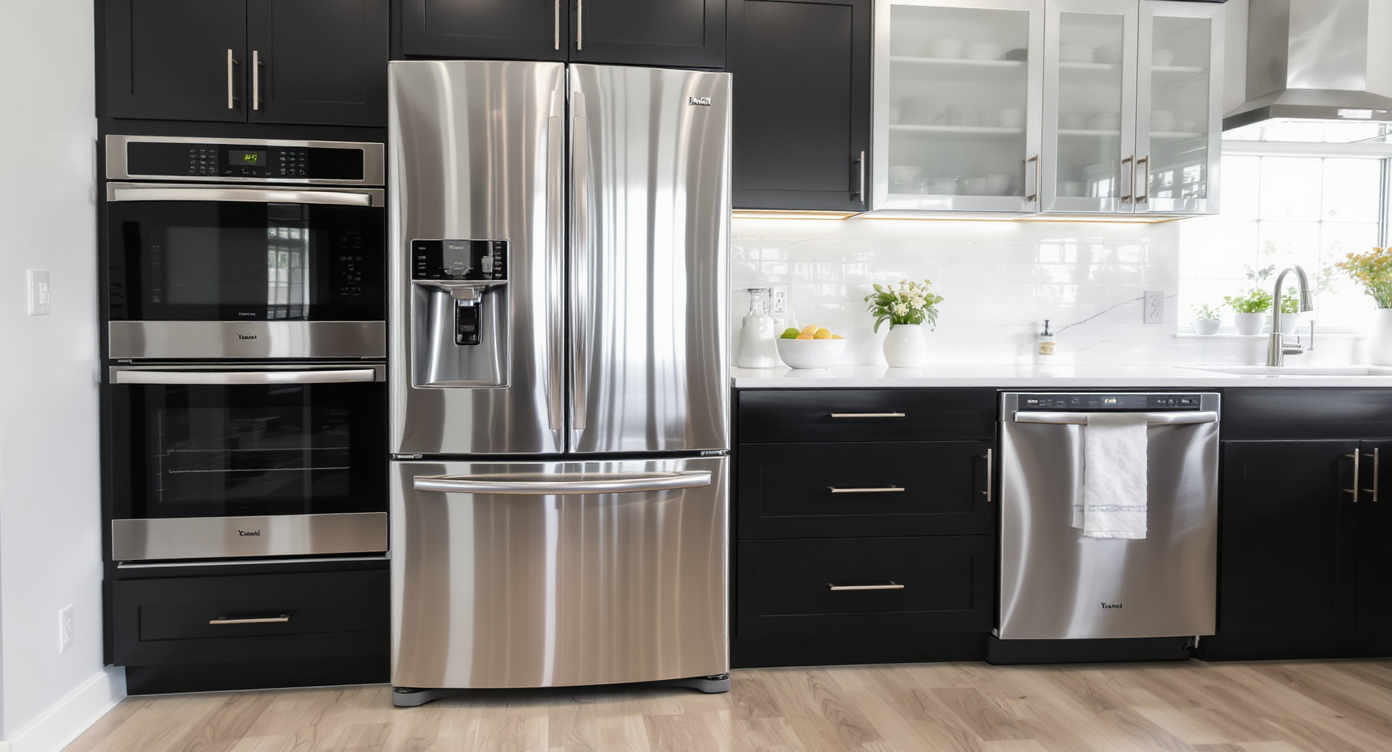 Modern kitchen with stainless steel appliances and dark cabinetry, showcasing a minimalist design.