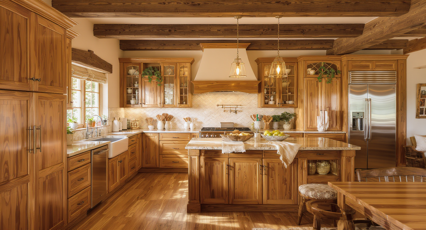 Kitchen interior with rich wood elements, including cabinetry and flooring, creating a warm atmosphere.