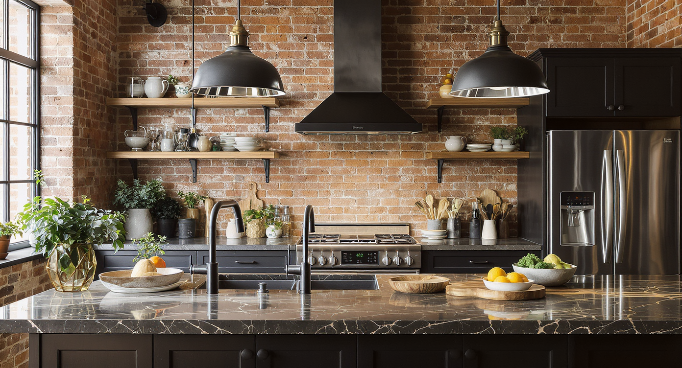 Chic kitchen with industrial style elements, exposed brick walls and metal fixtures creating a rustic yet refined look.