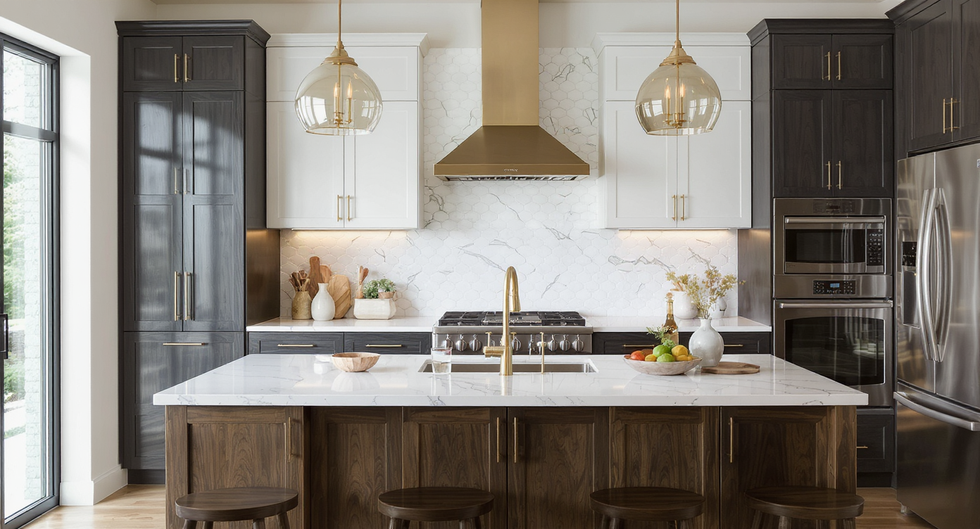 Modern kitchen with contrasting cabinetry in dark and light tones, creating visual intrigue and depth.