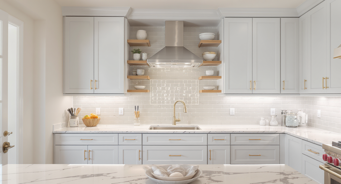 Custom cabinetry in a kitchen, featuring both open and closed storage with elegant design details.