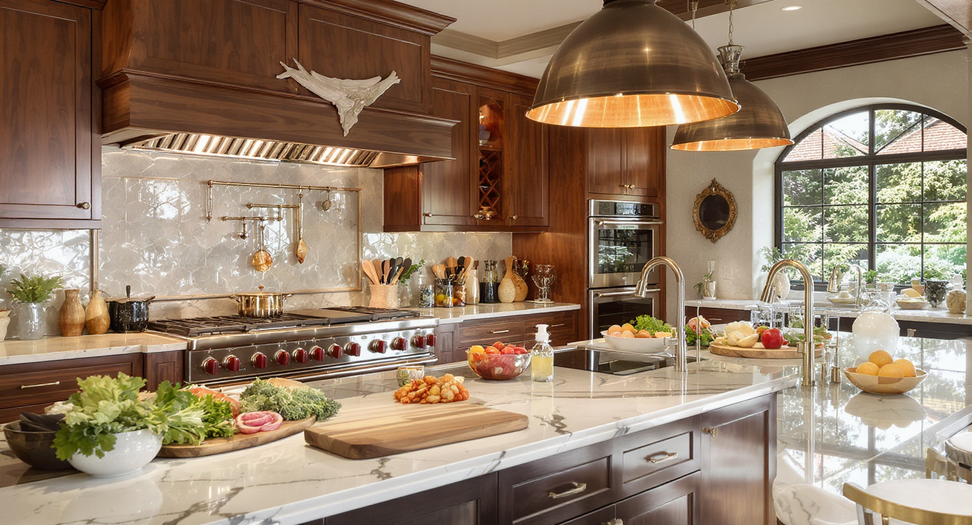 Professional chef's kitchen with high-end appliances and spacious work areas, perfect for cooking.