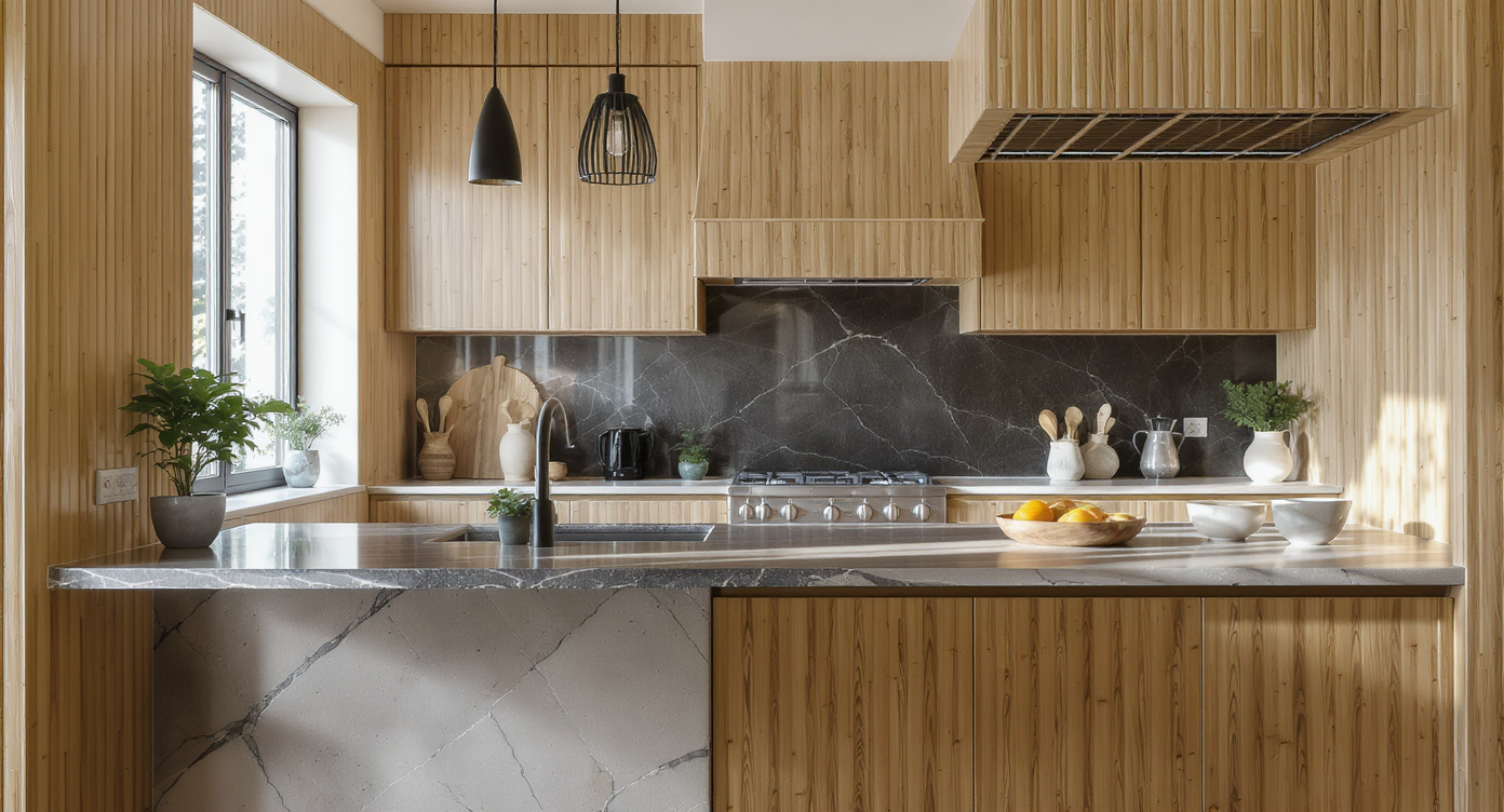 Kitchen showcasing natural materials like bamboo and stone, creating an eco-friendly and luxurious design.