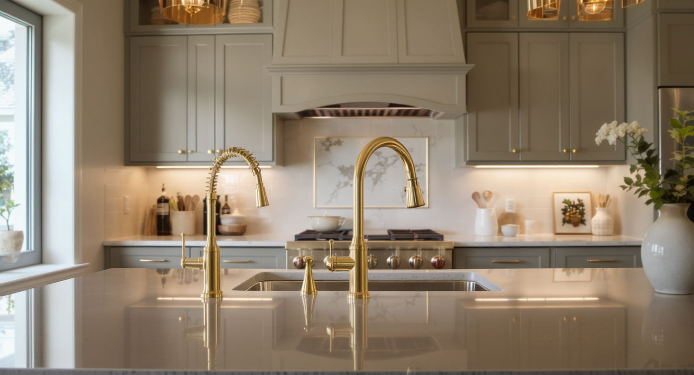 Kitchen with eye-catching brass hardware on cabinets and fixtures, set against a neutral background.