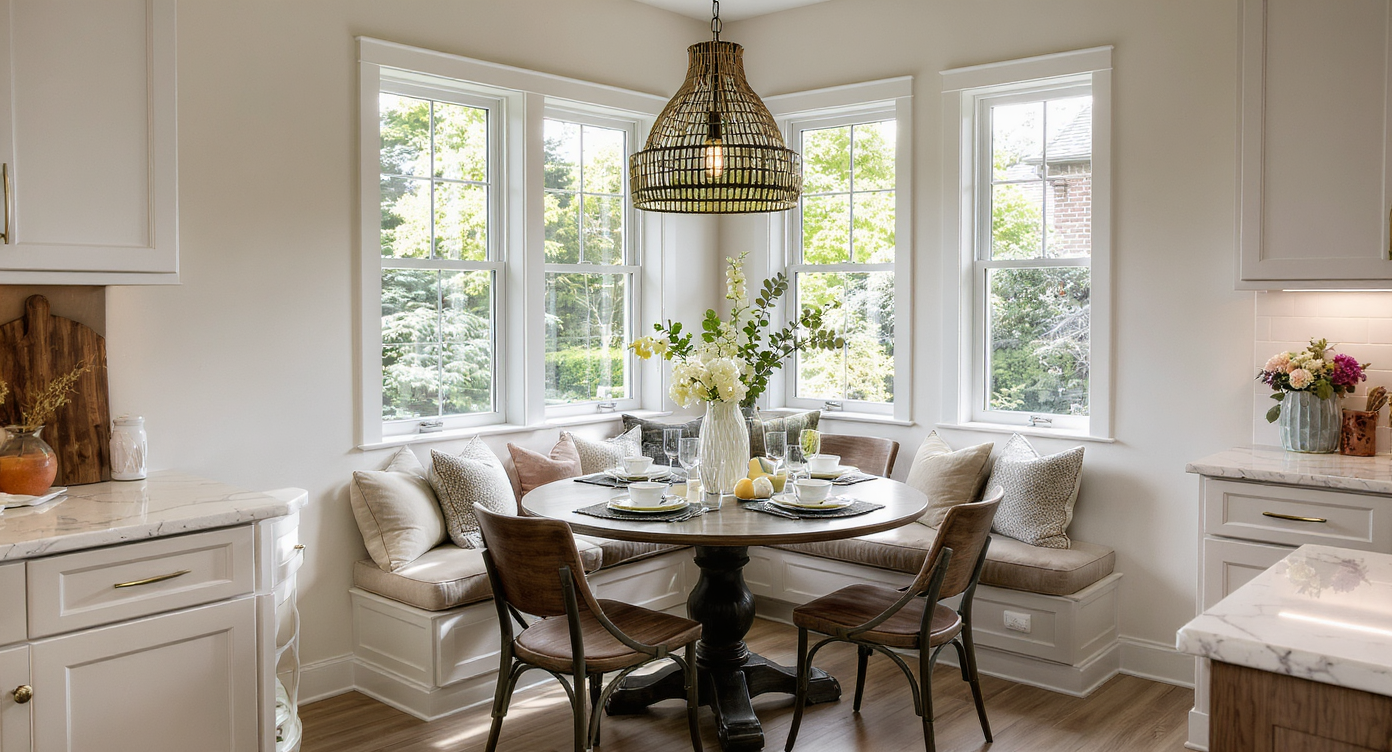 Cozy breakfast nook in a luxury kitchen with a stylish dining table and comfortable seating.