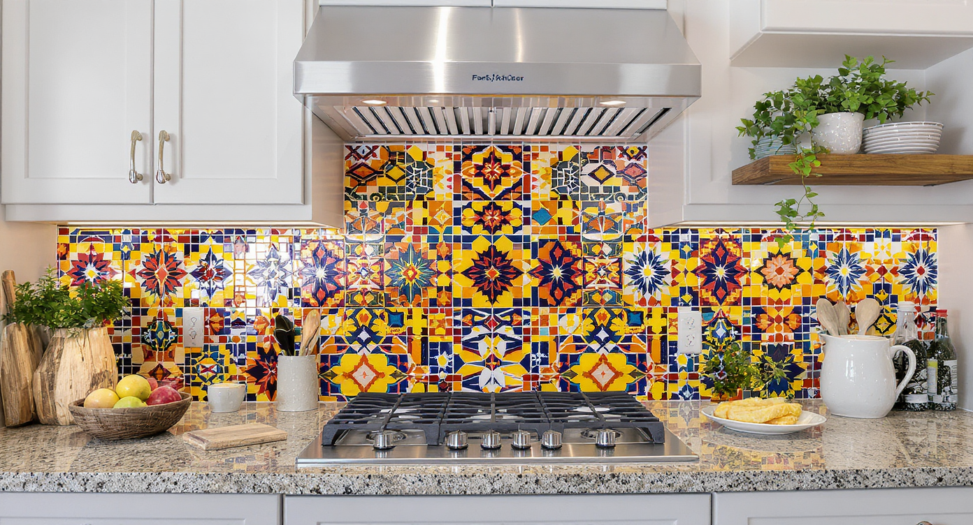Kitchen with vibrant mosaic backsplashes, featuring unique patterns and colors that enhance the design.