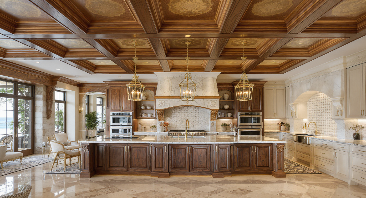 Luxurious kitchen with a coffered ceiling adding architectural depth and elegance to the design.