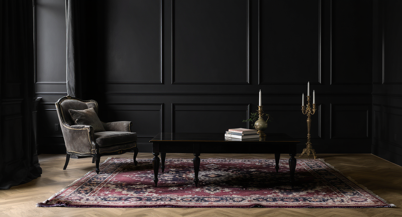 A room with dark gray walls, wooden floor, and gold accents creating a dramatic atmosphere.