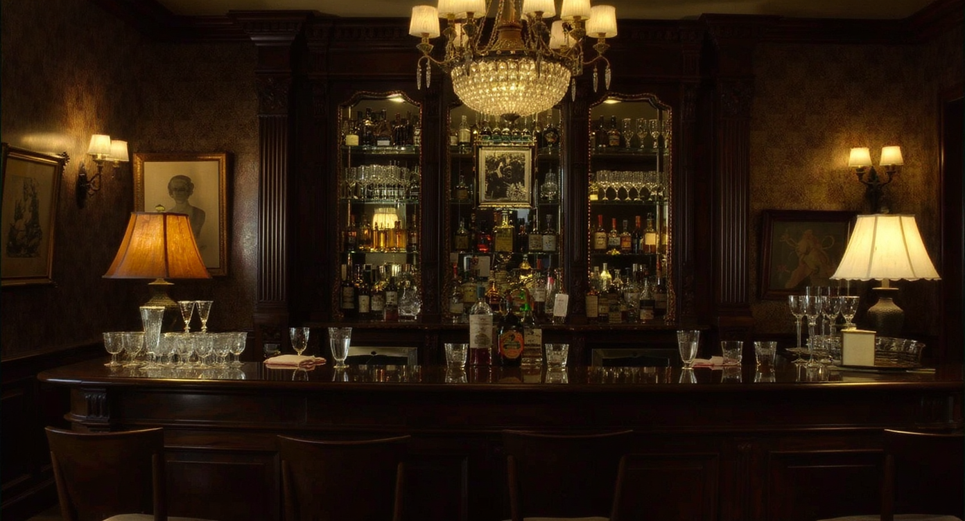 A home bar setup with dark wood counter and vintage glassware under soft lighting.