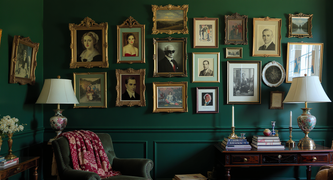 A study room showcasing a gallery wall of quirky art and vintage decor elements.