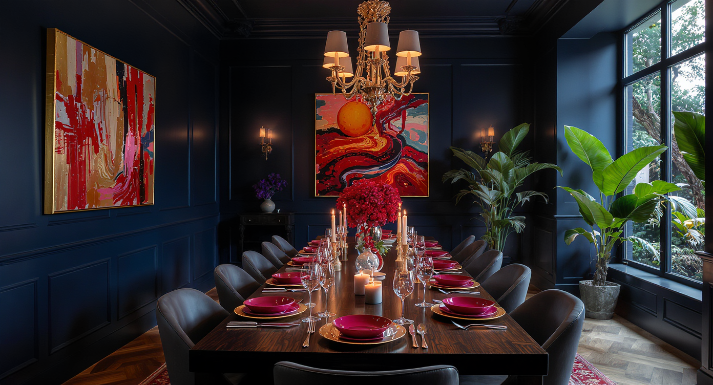 A dining room with deep blue paint, luxurious table setting, and rich decor elements.