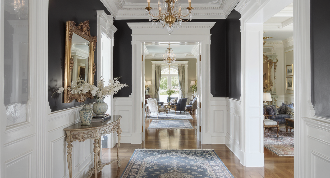 A hallway featuring ornate millwork and vintage decor elements creating an elegant entrance.