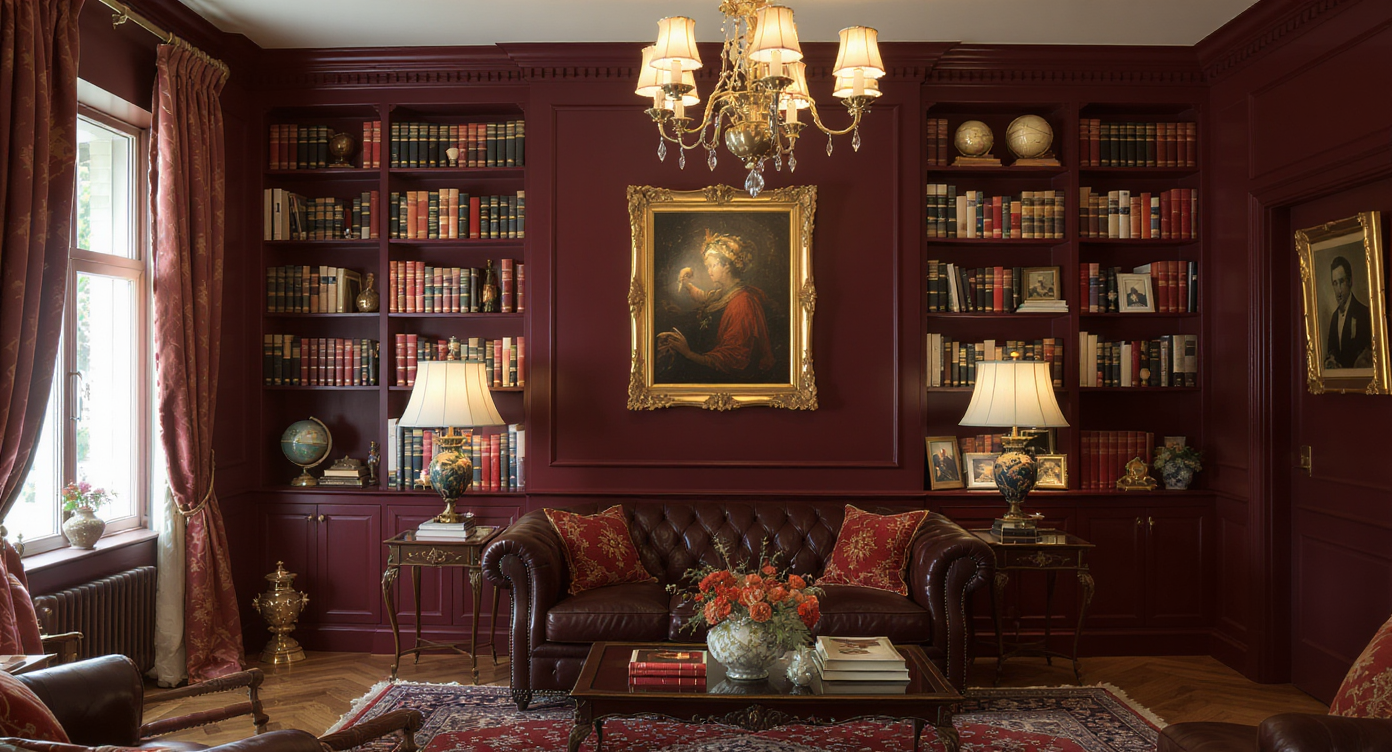 A living room with built-in bookcases, vintage decor, and a dark leather sofa.