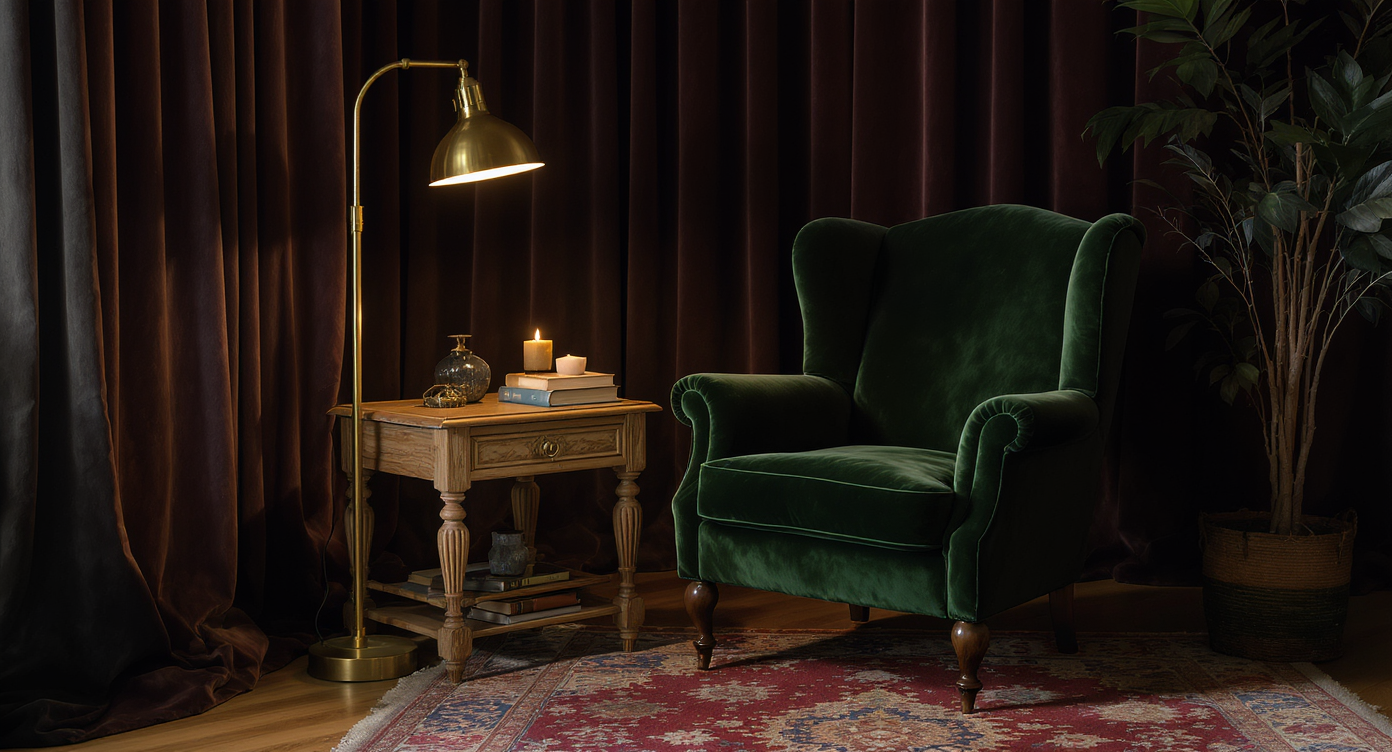A dark academia reading nook with a green velvet armchair, vintage side table, and candles.