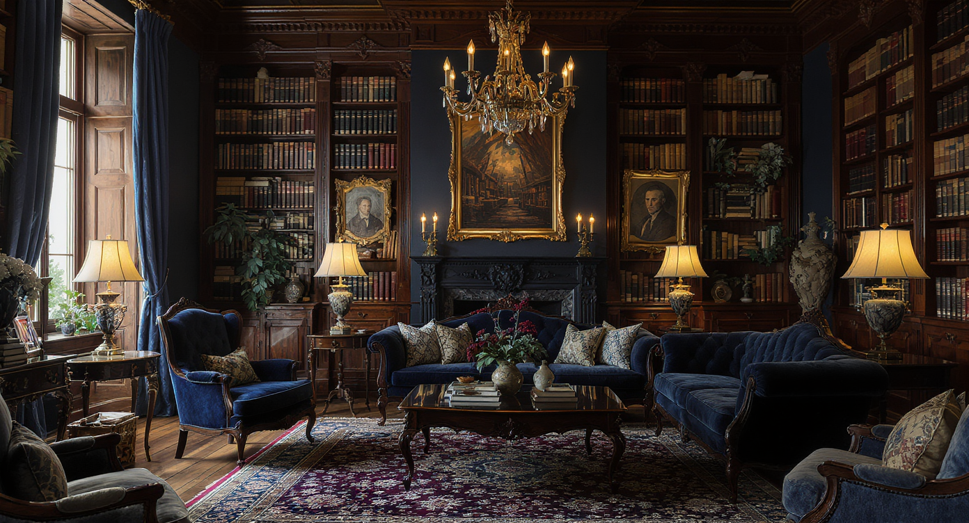 An interior view of a dark academia living room with mahogany bookcases, navy walls, and antique furniture.
