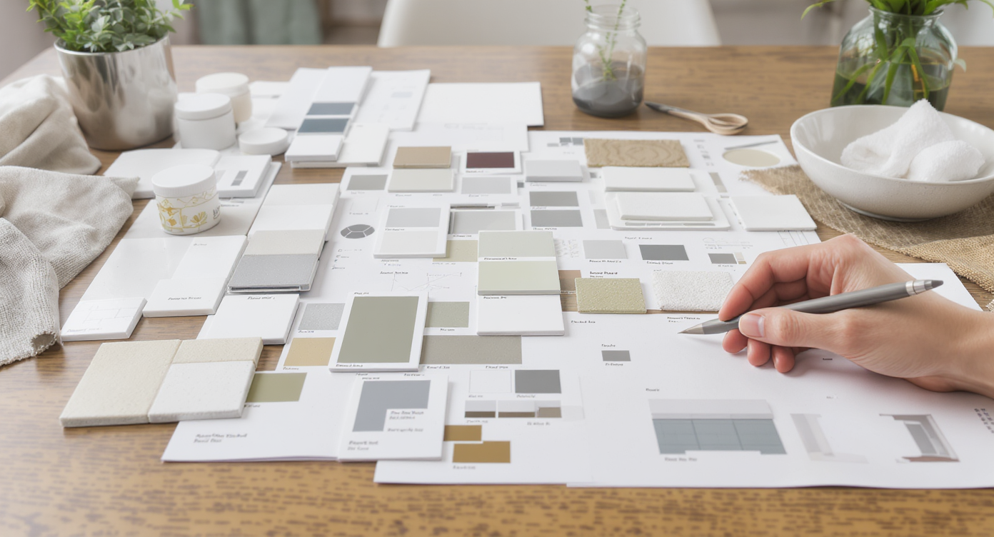 A styled design board featuring materials and color palettes for bathroom renovations, creating a mood of inspiration.
