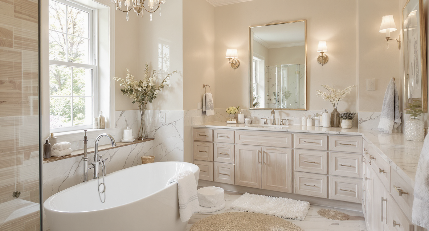 A spacious and elegant bathroom interior with a freestanding tub and double sinks, illuminated by natural light.