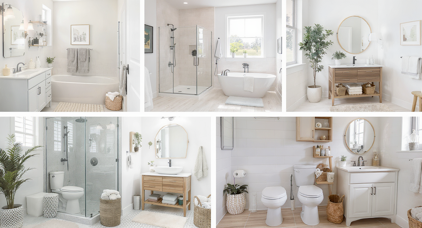 Illustration depicting various types of bathrooms, including full, master, three-quarter, and half baths with stylish designs.