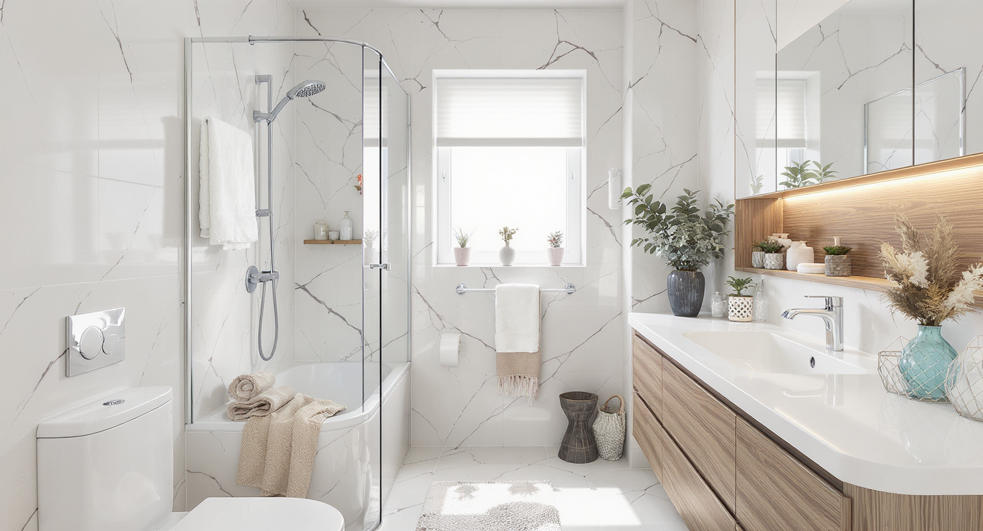 A modern bathroom showcasing clever design elements that maximize space and enhance functionality.