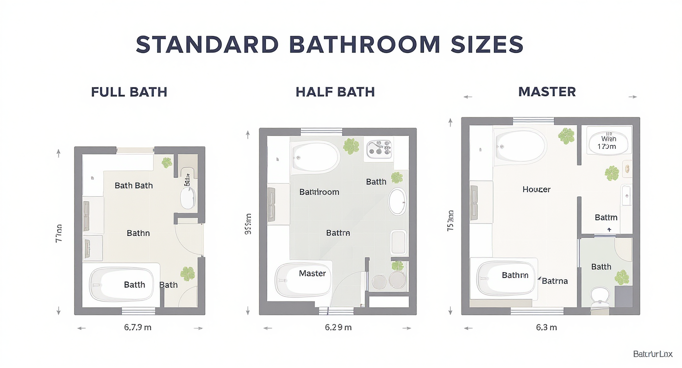 A diagram comparing different standard bathroom sizes, showing dimensions for full, half, and master baths.