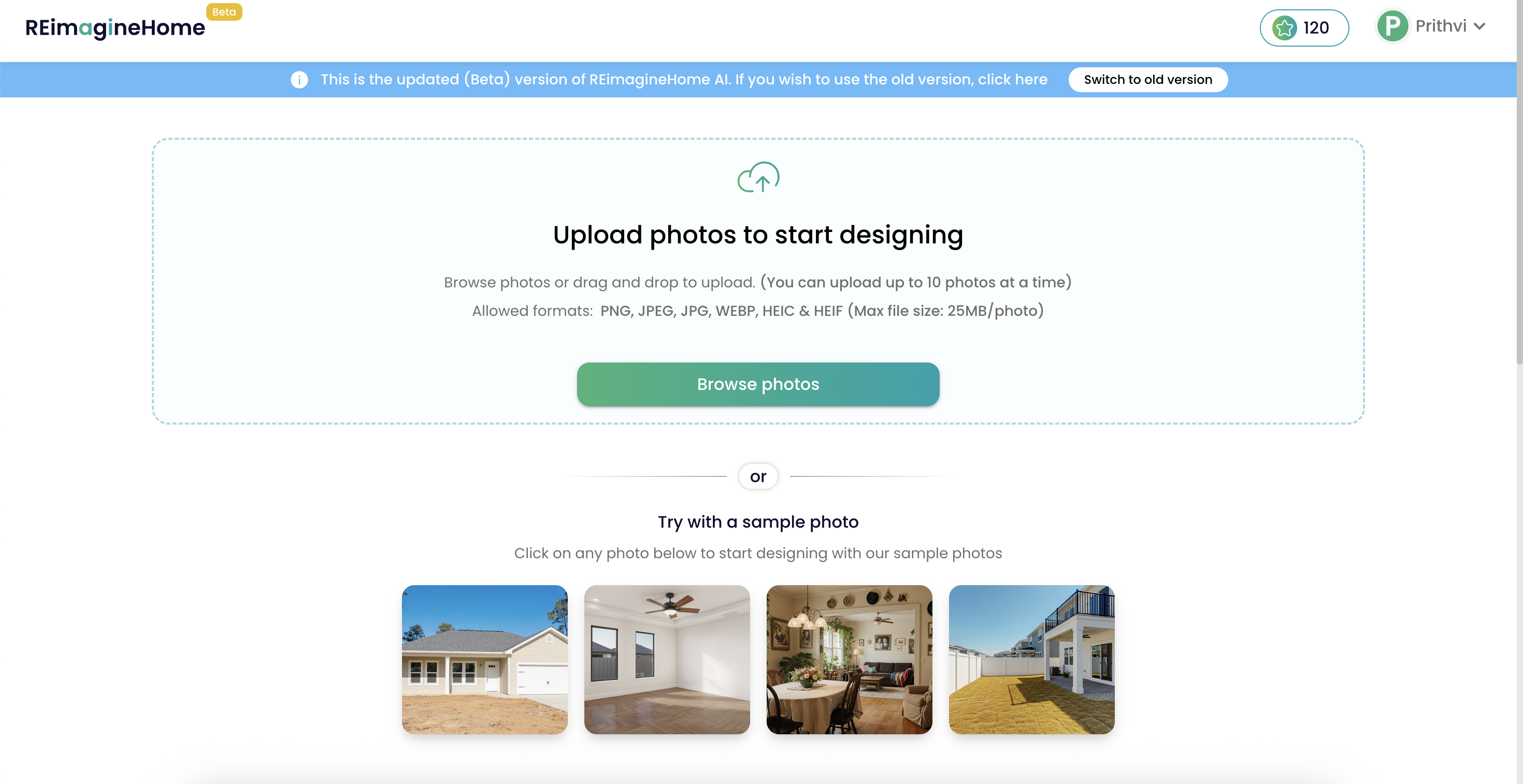 A computer screen showing the REimagineHome AI interface with transformed interior photos and design tools in a cozy workspace.