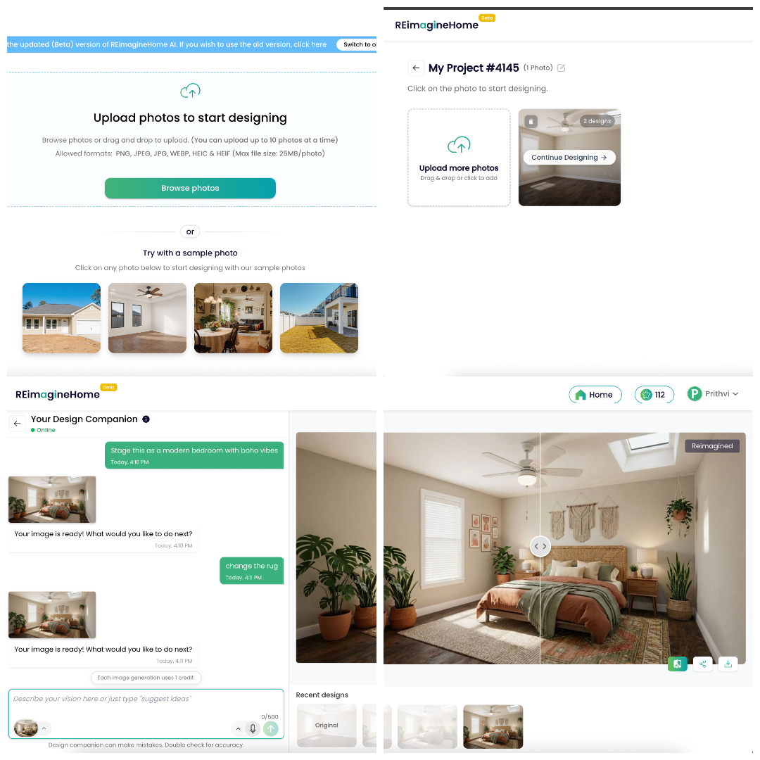 Split-screen image showing a user uploading a photo to REimagineHome AI and the resulting transformed room.