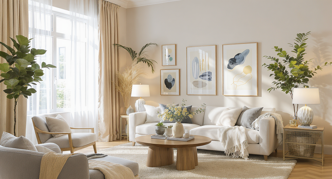 A stylish, well-lit living room with modern furniture, large windows, and decorative accents for a serene atmosphere.