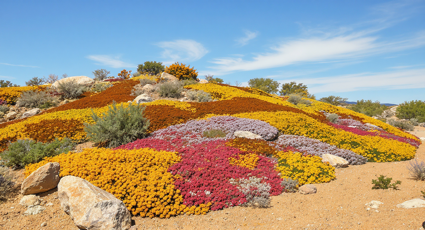 Sunlit rocky landscape in the Southwest with a manicured garden and colorful desert flowers.