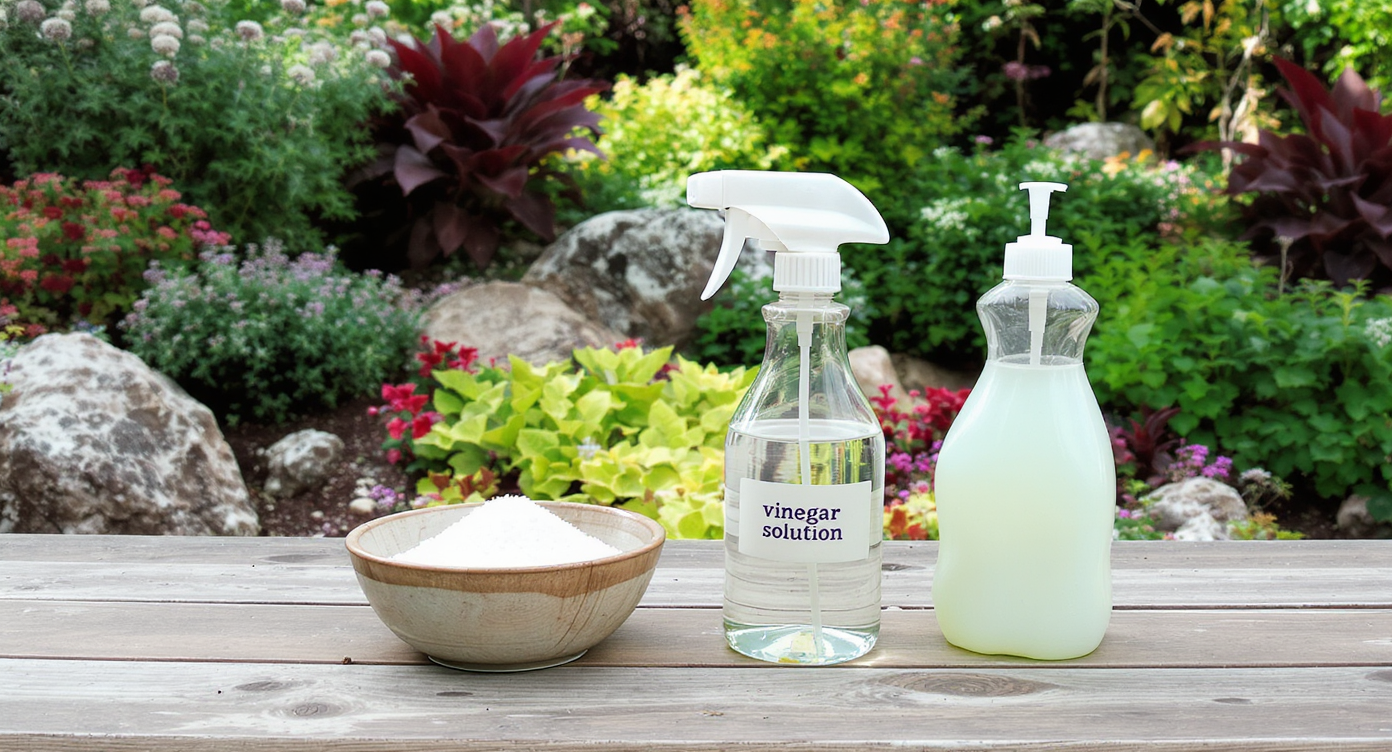 DIY vinegar solution preparation for eco-friendly weed treatment on a rustic outdoor table.
