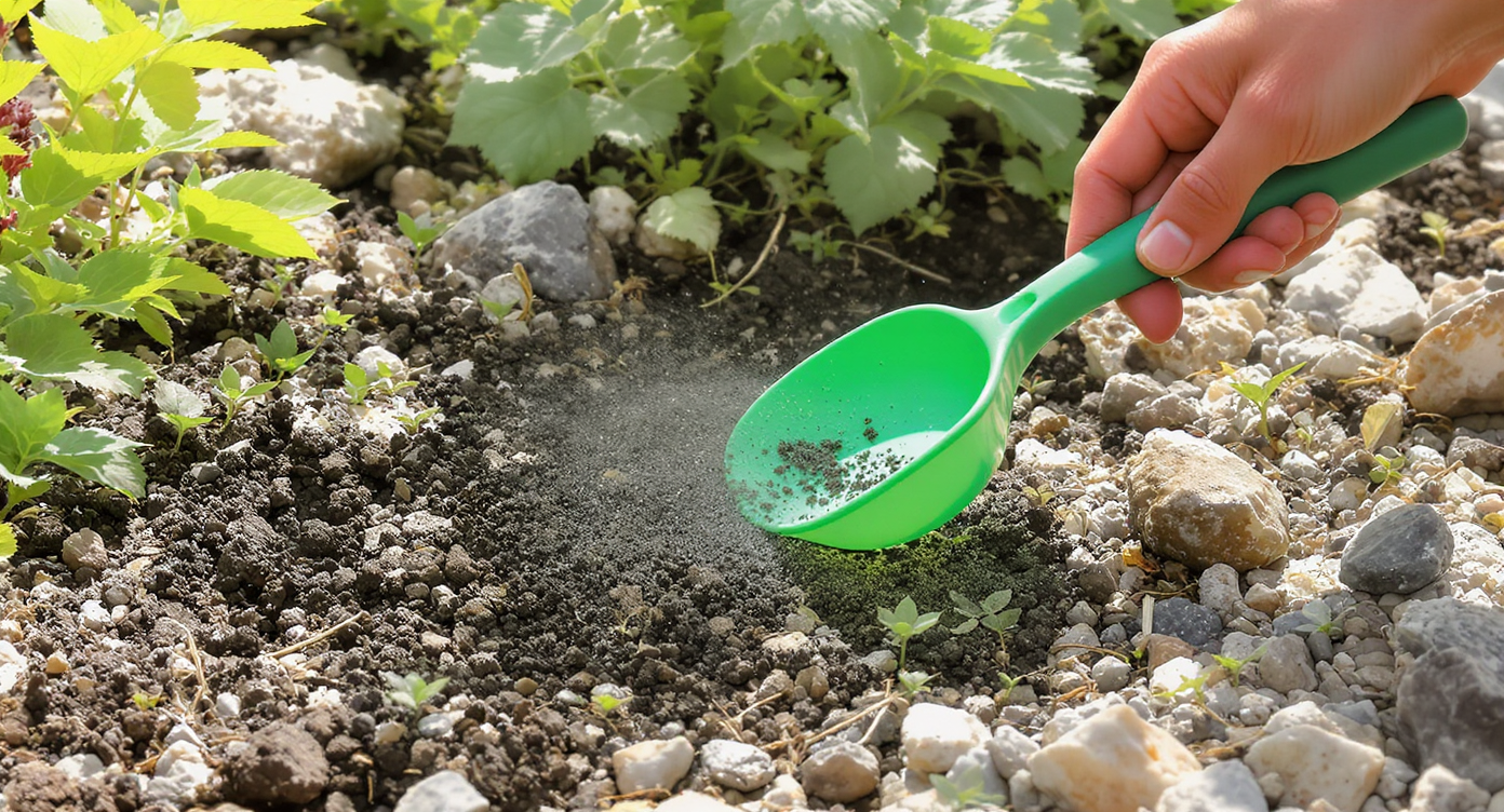 Application of pre-emergent herbicide in a rocky garden to prevent weed growth.