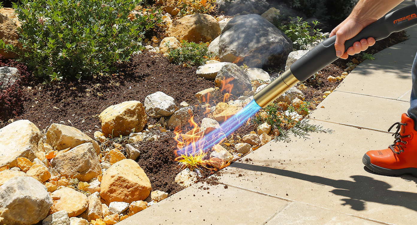 Homeowner using a gas-powered weed torch to target weeds in a rocky landscape.