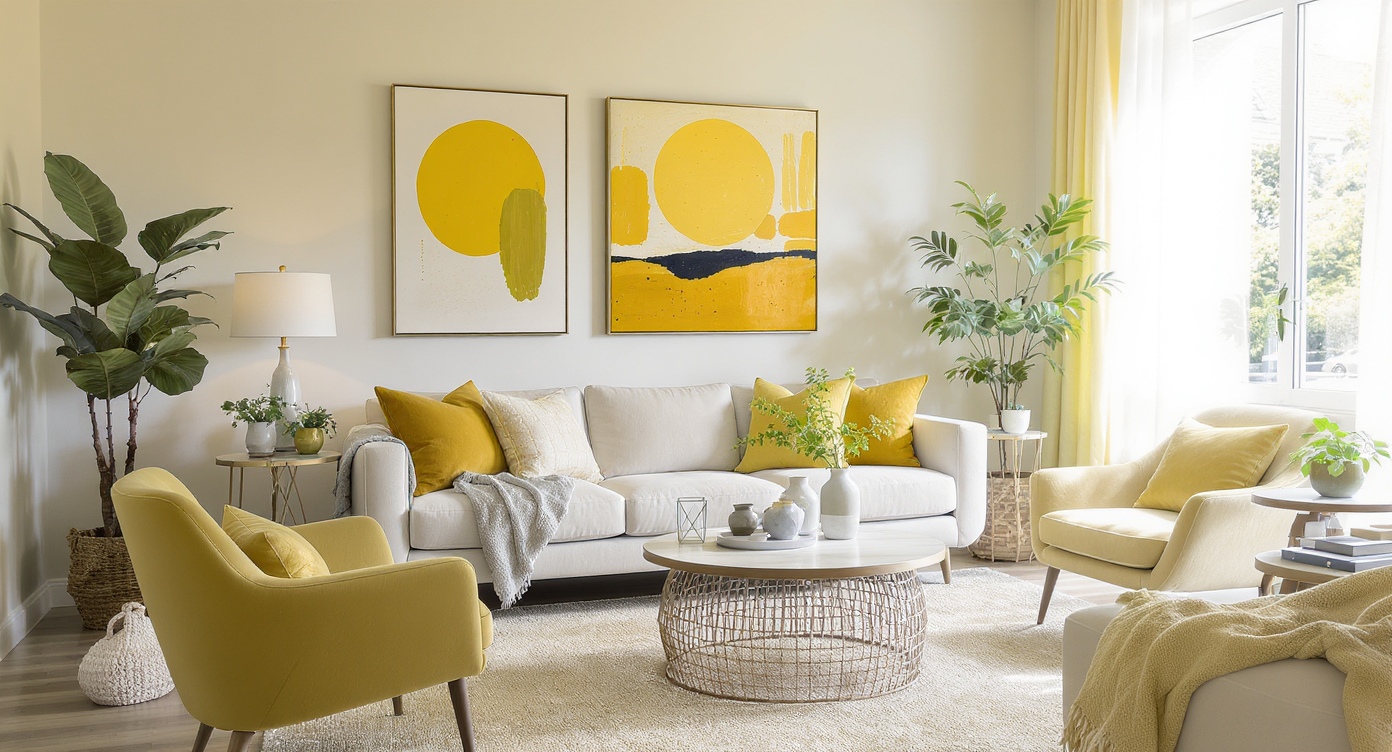 A sunny living room featuring vibrant yellow decor and green plants, showcasing dopamine decor style.