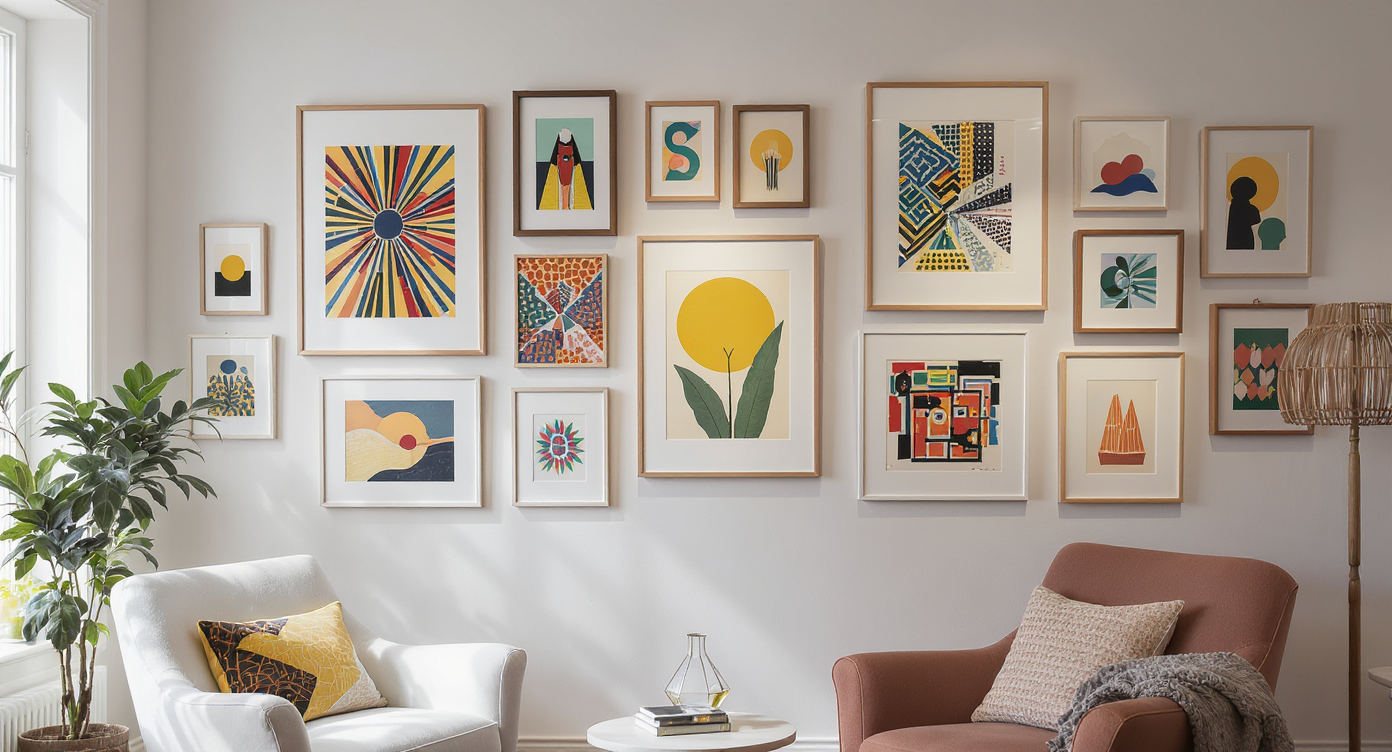 A vibrant gallery wall with diverse art pieces and a cozy seating area, showcasing creativity in decor.